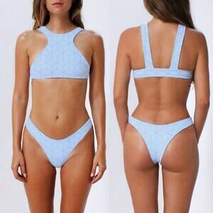 Amara Blue and Gray Tulum on The Sea Geo Print Reversible Bikini Swim Top Large